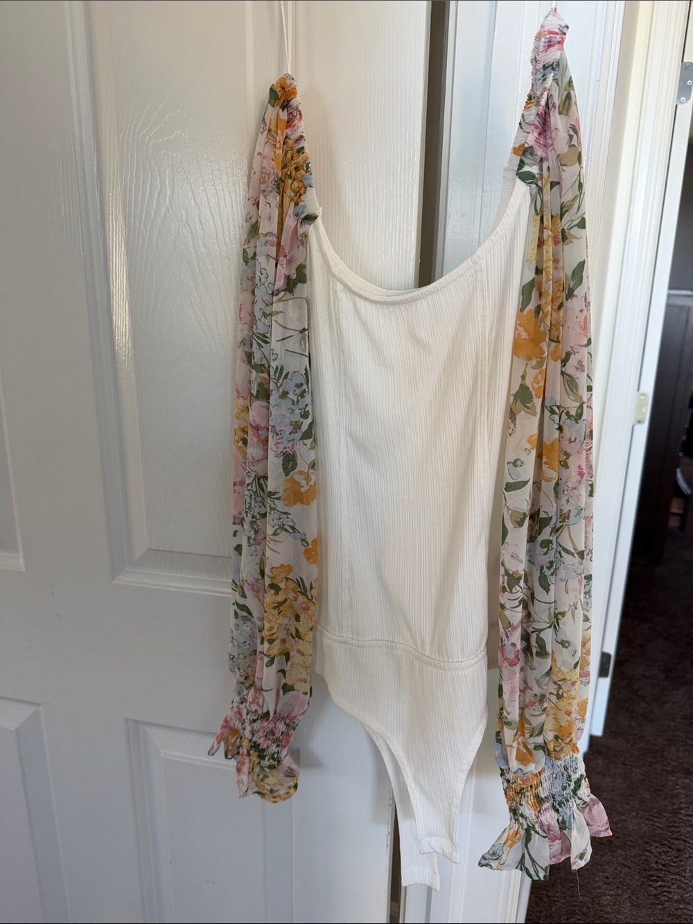 Promesa White Ribbed Bodysuit with Floral Sleeve Cover-Up
